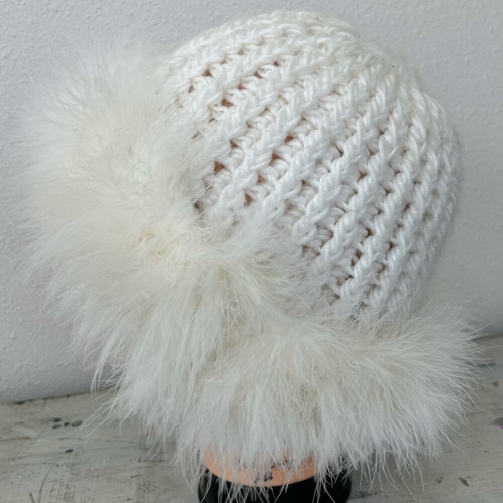 Vintage Chunky Knit Beanie Hat Feather Trim Y2K Winter Snow Bunny ski white - Picture 9 of 16